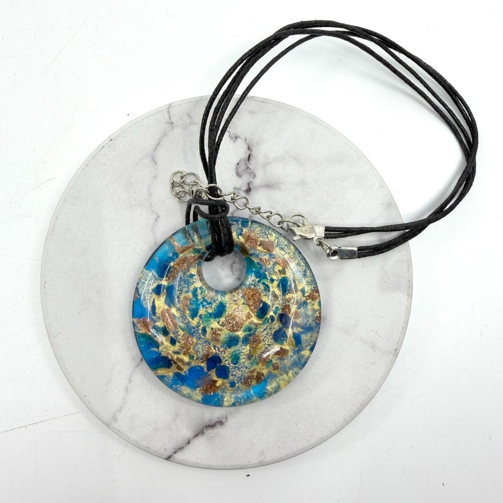Blue Gold Tone Flecked Glass Donut Pendant Necklace Artistic Layering Statement